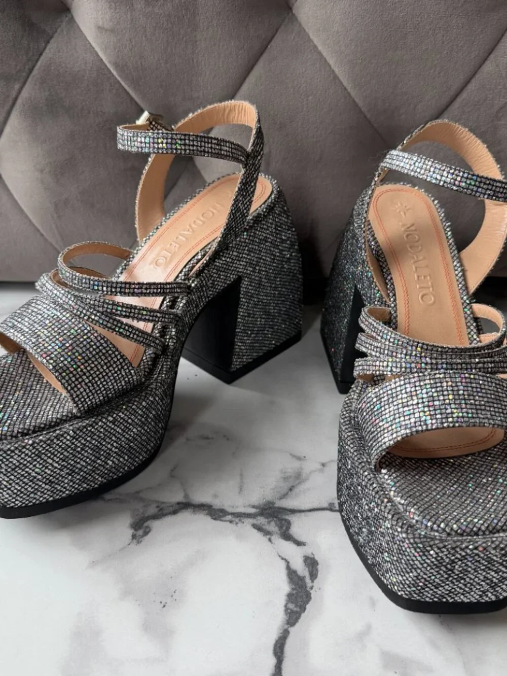 Nodaleto Bulla Chibi Silver Glitter Platform Sandals Size EU 38